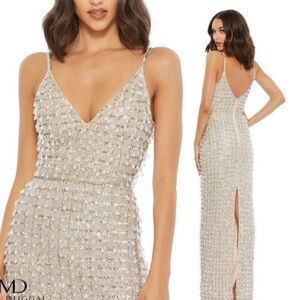 MAC DUGGAL 5394 BEAD EMBELLISHED COLUMN NUDE/SILVER GOWN sz 10